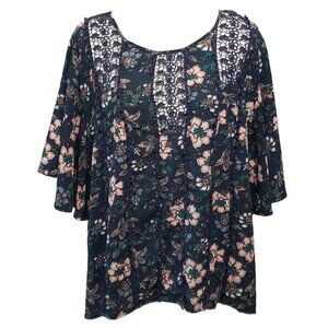Knox Rose Blue Pink Floral Lace Flare SS Top 2X Pullover 1 Button At Back Neck